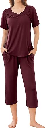 Ekouaer Capri Pajamas Short Sleeve Pjs Sets 2 Pieces Pleated Top and Capri Pants Sleepwear Loungewear for Women