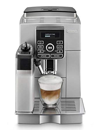 Delonghi super-automatic espresso coffee machine with an adjustable grinder, double boiler, milk frother, maker for brewing espresso, cappuccino, latte, macchiato. ECAM25462S