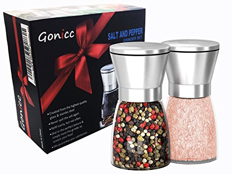 Gonicc Salt and Pepper Grinder Set - 18/8 Food-Safe Stainless Steel Top, Special Thickening Glass Body and Professional Adjustable Ceramic Mill - Set of 2