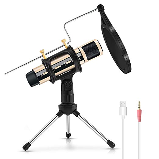 Condenser Microphone, ZealSound Vocal Voice Singing Recording Broadcast Mic w/Stand Kit USB and 3.5mm Plug and Play Karaoke for Phone Computer PC ASMR Video Garageband Smule Stream & Youtube (Gold)