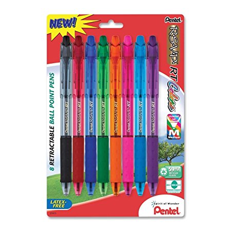 Pentel R.S.V.P. RT Colors New Retractable Ballpoint Pen, Medium Line, Assorted Ink Colors, Pack of 8 (BK93CRBP8M)