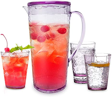 Pitcher & 4 Cups Sets - 1.7Qt BPA-free Drink Pitcher with Lid Shatterproof Juice Pitcher Plastic Pitcher for Juice Iced Tea Lemonade for Breakfast Thanksgiving Dinner Party, Clear-Purple