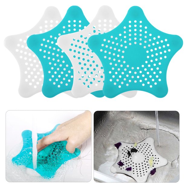 TSV 4Pack Kitchen Tub Drain Protector Hair Catcher/Strainer/Starfish Drain Cover/Sink Filter (Blue+White)