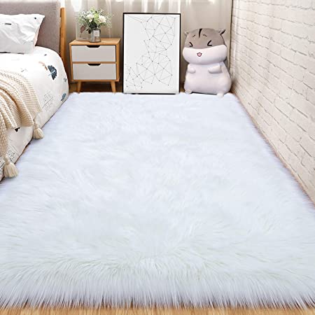 Andecor Soft Fluffy Faux Fur Bedroom Rugs 3 x 5 Feet Indoor Wool Sheepskin Area Rug for Girls Baby Living Room Chair Sofa Home Decor Floor Carpet, White