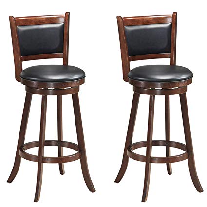 COSTWAY Set of 2 Dining Chair Accent Wooden Swivel Back Bar Height Stool, Fabric Upholstered 360 Degree Swivel, PVC Cushioned Seat, Perfect for Dining and Living Room (Height 29")