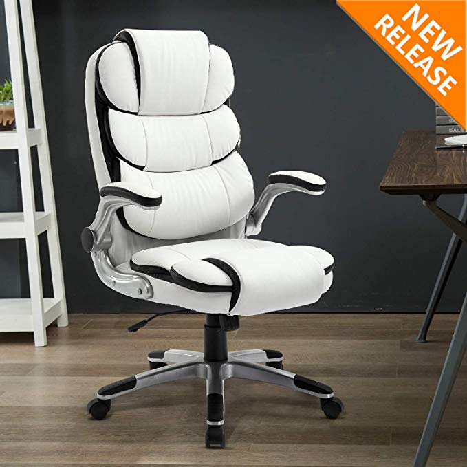 B2C2B High Back Ergonomic Home Office Chair White Leather Computer Executive Desk Chair Modern Racing Chair Adjustable with Flip-up Arms Lumbar Support 300lbs