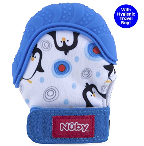 Nuby  Soothing Teething Mitten with Hygienic Travel Bag, Blue Penguins