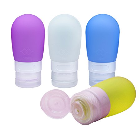 ANHONG Portable Leakproof Travel Bottle Set, TSA Approved Food Grade Silicone Rubber Gel Refillable Squeezable Carryon Makeup Toiletries Cosmetic Travelling Case Container, 2 Ounces, Pack of 4
