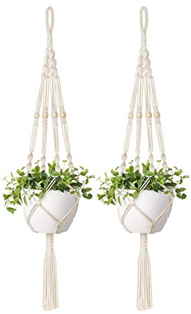 Mkono 2 Pcs Macrame Plant Hanger Indoor Outdoor Hanging Planter Basket Cotton Rope with Beads 4 Legs 41 Inch