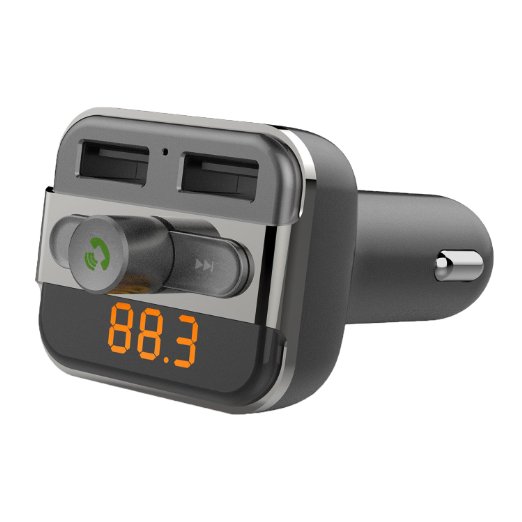 Fun4U Wireless Bluetooth Handfree Car FM Transmitter with Dual USB Ports Car Charger for iPhone iPad iPod Samsung Tablet MP3 Players, Support USB Disk/Micro SD Card