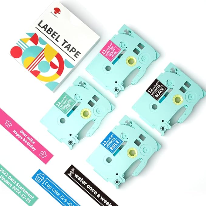 Label Maker Tape- Phomemo P3200 Laminated Labels, White on Berry Pink/Blue/Black/Turquoise Blue, 4Pack, for P3200 Labeler, PT D200 D210 H100 1880 P3200 D210S