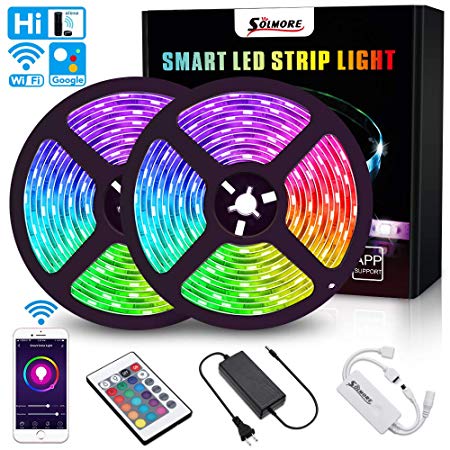 SOLMORE LED Strip Lights WiFi 10M 32.8Ft RGB 5050 LEDs Color Changing Kit Wireless Smart Phone Rope Lights 24Key IR Remote Works with Android iOS System Alexa IFTTT and Google Assistant