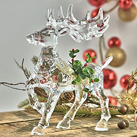 9.5" Tall Solid Crystal Quality Acrylic Reindeer Decoration with Mistletoe Ribbon Decoration