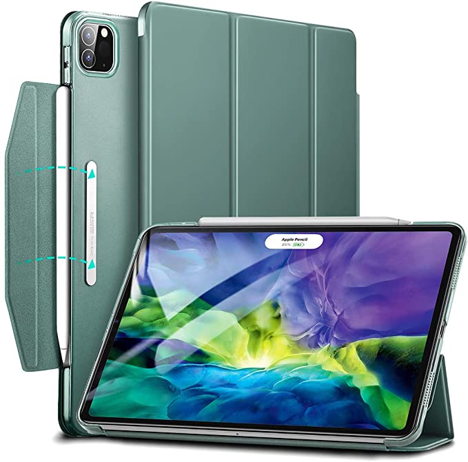 ESR Yippee Trifold Smart Case for iPad Pro 11 2020 & 2018, Lightweight Stand Case with Clasp, Auto Sleep/Wake [Supports Pencil 2 Wireless Charging], Hard Back Cover for iPad Pro 11, Forest Green