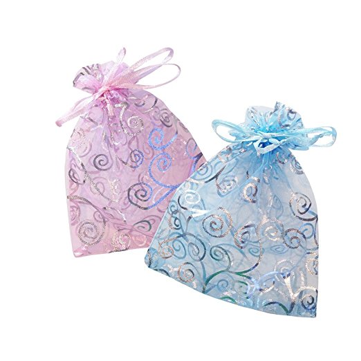 50 Organza Gift Bags Sheer Organza Pouches with Print (MixedPack. Pink/Light Blue 6 by 4.5 inches)