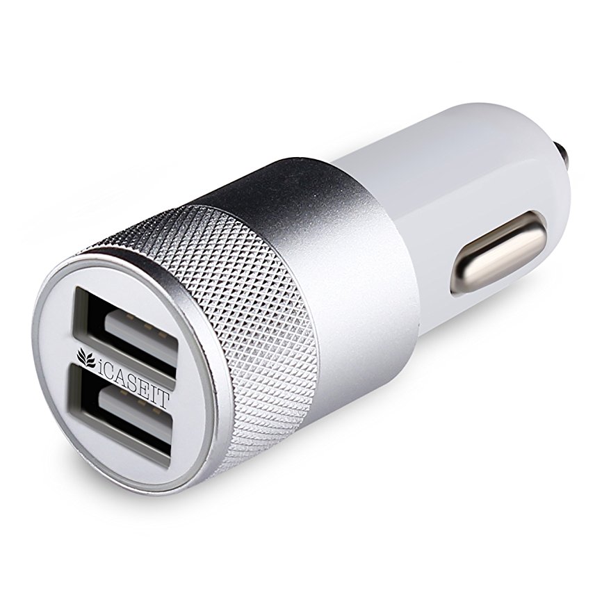 Dual Port Quick Car Charger - [Lifetime Warranty] iCASEIT 4.8A 24W USB 2 Port for iPhone X 8 7 Plus 66S Plus 5S iPad Pro Air Mini Galaxy S8 S7 S6 Edge S5 S4 Huawei HTC & more with 5V input - SILVER