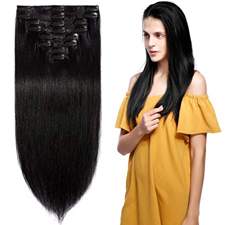 13 inch 80g Clip in Remy Human Hair Extensions Full Head 8 Pieces Set Short length Straight Very Soft Style Real Silky for Beauty #1 Jet Black