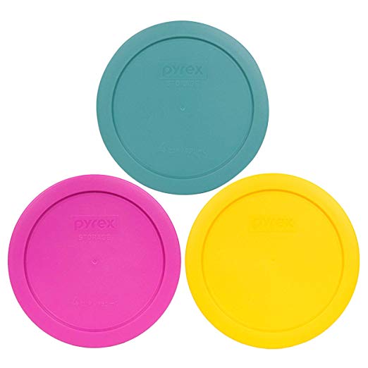 Pyrex 7201-PC 4 Cup (1) Turquoise (1) Pink (1) Meyer Yellow Round Plastic Lids - 3 Pack