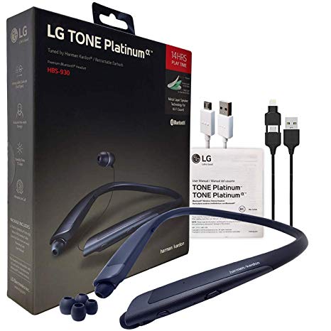 LG Tone Platinum Alpha HBS930 HD Bluetooth Headset Blue- Harman Kardon with 2in1 USB Lighting & Micro (Retail Packing Kit)