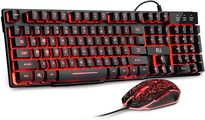 Rii Gaming Keyboard and Mouse Set, 3-LED Backlit Mechanical Feel Keyboard Colorful Breathing Backlit Gaming Mouse for Working or Gaming (RK108)