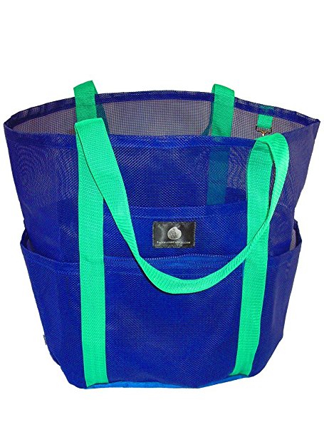 Saltwater Canvas Family Mesh Whale Bag, Sand & Waterproof base, 9 pockets, Blue