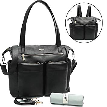 Leather Diaper Bag Backpack By Miss Fong, Baby Bag, Diaper Bag Tote With Changing Pad, In Bag Organizer, Stroller Straps, Insulated Pockets and Shoulder Strap (Black)