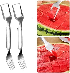 Watermelon Fork Slicer Cutter,Portable Stainless Steel 2-in-1 Watermelon Fork Slicer, Watermelon Cutter Slicer Tool Fruit Forks Slicer for Home Party Camping Kitchen Gadget(2pcs)