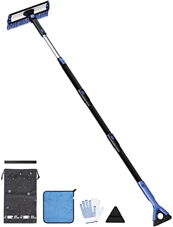 JOYTUTUS 61″ Car Snow Brush, 5 in 1 Extendable Foam Snow Brush with Squeegee Ice Scraper & Shovel, 270° Car Snow Removal Broom, Detachable Car Snow Scraper Brush with Durable Gloves for Car(Blue)