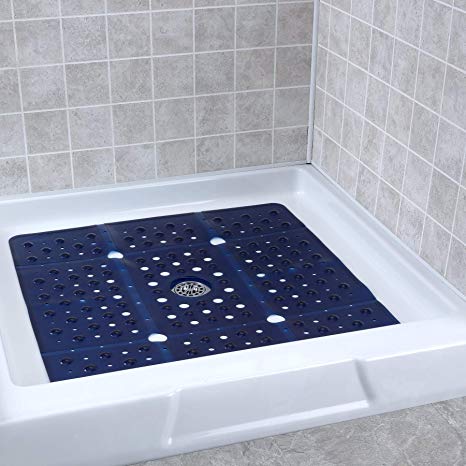 SlipX Solutions Extra Large Square Shower Mat Provides 65% More Coverage & Non-Slip Traction (27" Sides, 100 Suction Cups, Great Drainage) (Navy)