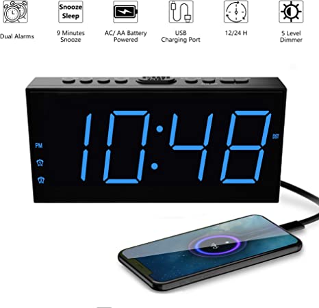 Home 7.3” Large Numbers Digital Alarm Clock,Dual Alarm with Volume Control, USB Charger Port,Big Snooze,12/24H,DST,AC/Battery Powered for Kids Heavy Sleeper Elderly Bedroom Nightstand Office Desk