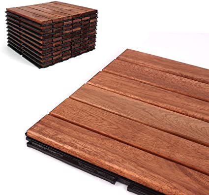 Deck Tiles - Patio Pavers - Acacia Wood Outdoor Flooring - Interlocking Patio Tiles - 12"x12" (10 Pack) - Oiled Acacia Finish - Straight Pattern Decking