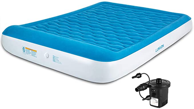 Lunvon Queen Air Mattress for Home and Camping Self Inflatable Pad Blow Up Bed with Built-in Pillow Anti-Leakage Raised Airbed with Rechargeable Pump for Home, Guest, Height 10", 2-Year Warranty