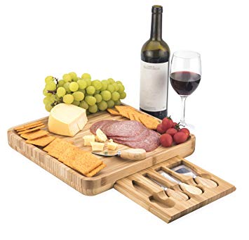 Bamboo Cheese Board with Cutlery Set I WATERPROOF DESIGN I Christmas Gift I Cheese Platter | Cheese Plate | Cheese Tray | 4 Stainless Steel Knives and Serving Sets