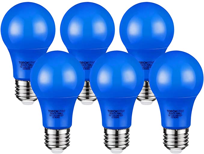 TORCHSTAR LED Blue Light Bulbs, 7W（40W Equivalent) A19 Colored Bulbs with Medium Base, 2-Year Warranty, 30,000hrs Lifespan, for Outdoor Light Fixture, Floor Lamp, Living Room Decoration, Pack of 6