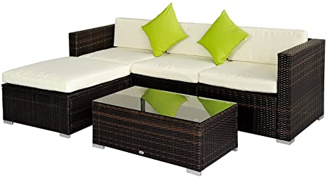 Outsunny Rattan Wicker Conservatory Outdoor Garden Patio Furniture Corner Sofa Set without Parasol - Brown