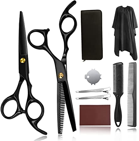 Hair Cutting Scissors for Women,Haircut Scissors Set Thinning Scissors for Cutting Hair Professional Shears Hair Cutting Kit with Hair Razor Comb, Cape, Clips, Leather Case 10Pcs