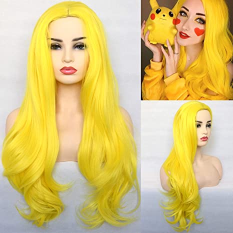 BLUPLE Sexy Yellow Synthetic Wigs Natural Wavy Heat Resistant Hair Replacement Full Wigs for Women 22 inches(No Lace Wig)