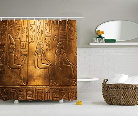 Ambesonne Egyptian Decor Collection, Egyptian Hieroglyphics Old Texts Logographic and Alphabetic Elements Design Print, Polyester Fabric Bathroom Shower Curtain, Gold