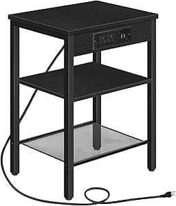 HOOBRO End Table with Charging Station and USB Ports, 3-Tier Nightstand with Adjustable Shelf, Small Side Table for Small Space in Living Room, Bedroom and Balcony, Black BB112BZ01