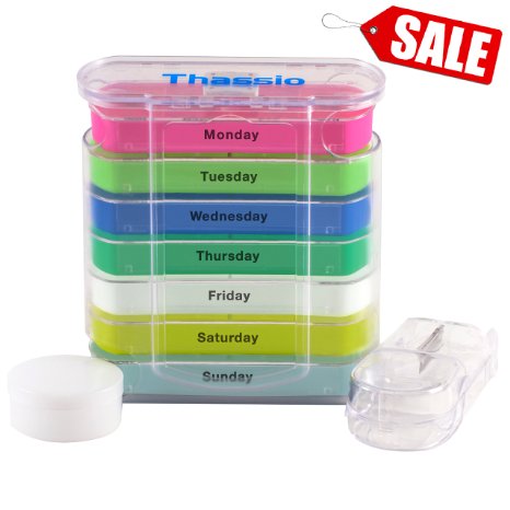 Pill Organizer Box Weekly Case with Pill Splitter Cutter - Premium Design - Large Travel Medication Reminder Daily Am PM, Day Night Compartments 7 days - Medicine Dispenser Twice, 3, 4 Times a Day