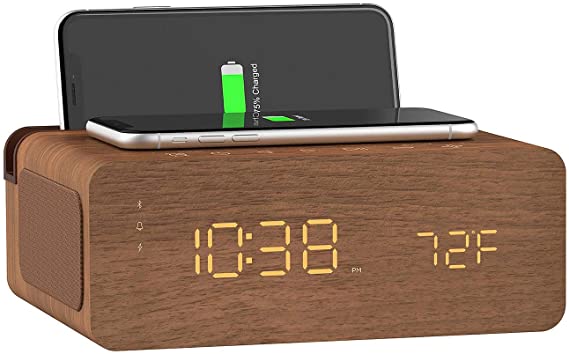 Ion Charge Time Plus Alarm Clock Speaker with Wireless Charging Pad - Brown