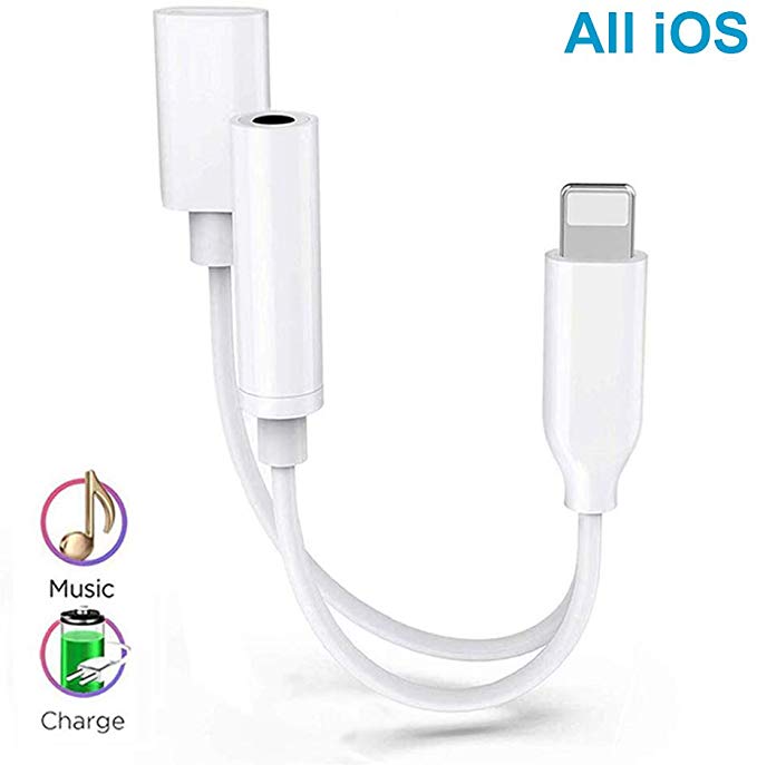Headphones Adapter to 3.5mm Dongle Headphone Connector Adapter AUX Audio Jack Stereo Car Charger for iPhone 11/X/XS/XR/8/7/Plus 2 in 1 Cable Charging and Music Compatible Support for All iOS (White)