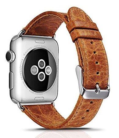 BOOSTED, Apple Watch Band Vintage Look Genuine Leather Strap Wrist Band Replacement Classic Buckle with Metal Clasp for Apple iWatch and Sport & Edition, by Boosted (42mm, Vintage Tan)