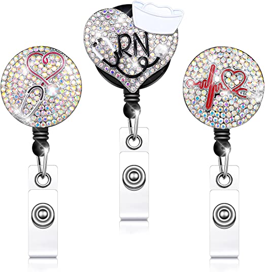 3 Pieces Nurse Badge Reel Retractable Nursing Badge Holder Bling Rhinestone ID Badge Holder with Clip Diamond Heart Badge Clip for School Hospital Nurse Doctor, Nursing Graduation Present (AB Color)