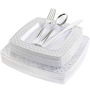 WDF 125PCS Silver Plastic Plates with Disposable Plastic Silverware,Diamond Square Plastic Tableware include 25 Dinner Plates,25 Salad Plates,25 Forks, 25 Knives, 25 Spoons