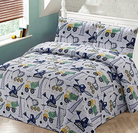 Better Home Style White Yellow Green Blue Construction Vehicles Kids / Boys Coverlet Bedspread Quilt Set with Pillowcases and Cement Mixer Cranes and Bulldozer Designs # Crane (Twin)