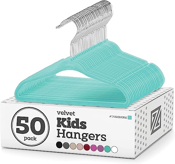 Zober Velvet Kids Hangers for Closet - Pack of 50 Non Slip Childrens Hangers for Shirts, Pants & Dresses w/Swivel Hook - Durable Kids Clothes Hanger w/Notches - Small Hangers - Turquoise