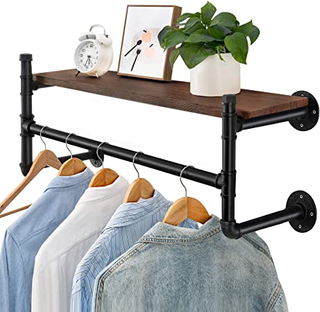 Oyydecor Industrial Pipe Clothes Rack, Heavy Duty Wall Mounted Black Iron Garment Rack Bar, Multi-Purpose Hanging Rod for Closet Storage, Laundry Room, 44'' Length, No Planks (Four Base)