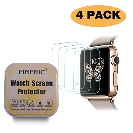 FINENIC (4 PACK) Apple Watch 42mm (Series 1/Series 2/Series 3) Glass Screen Protector - FINENIC Anti-bubbles, Scratch Resistant [Only Covers the Flat Area]