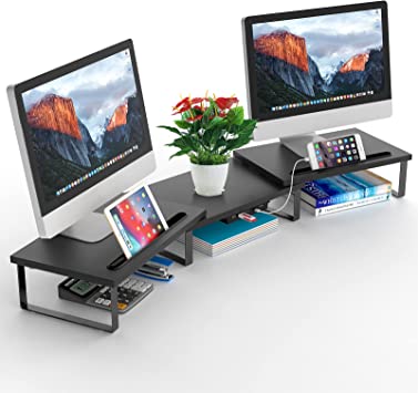 Dual Monitor Stand Riser, Adjustable Length and Angle, AQQEF Computer Monitor Shelf with USB3.0 and Slot for Tablet and Cellphone, Wooden Desktop Oraganizer Stand for 2 Monitors,Computer,Laptop,Printer,TV (Wood)